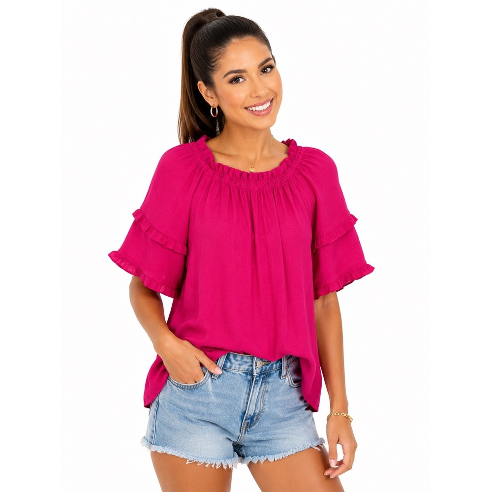 Nanette Lepore Smocked Ruffle Neck Tiered Flutter Sleeve Top M Barbiecore Boho